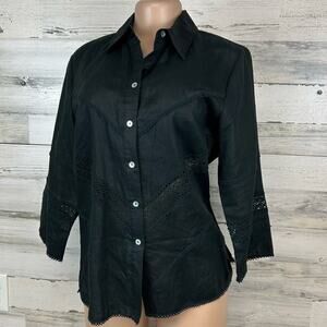 Richard Malcolm Black Irish Linen Crochet Lace Button Blouse Medium